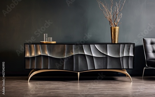 Luxury interior with black credenza, chair, and vase