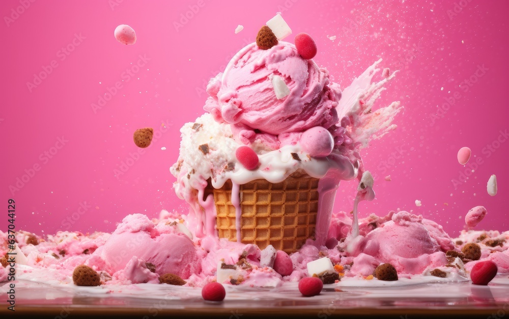 Artistic image of strawberry ice cream in a cone isolated on a pink background with sweets Artistic image of strawberry ice cream in a cone isolated on a pink background with sweets