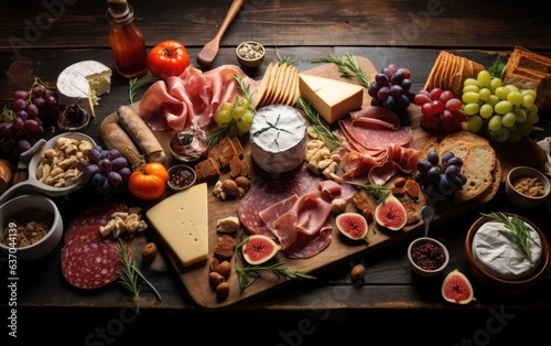 Cheese board with various types of cheese, grapes, and other fruits