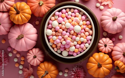 Flay lay pink Halloween background with candies and pumpkins