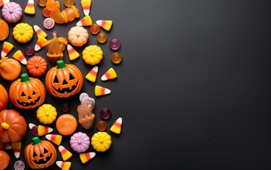 Halloween pumpkins and candy corns flat lay background