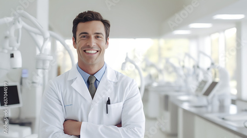 Dentiste homme en blouse blanche, évoluant dans l'univers dentaire, détails précis et ambiance clinique épurée, capturée avec une clarté exceptionnelle