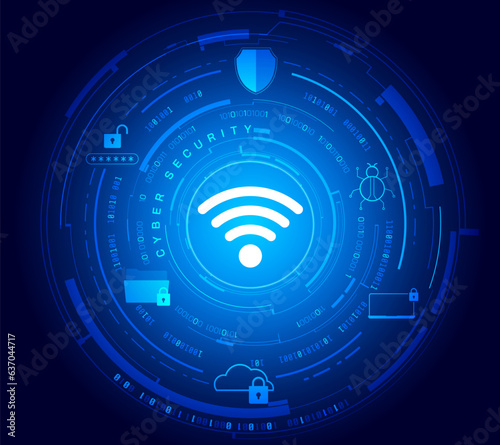 HUD futuristic system of wifi data, cloud storage, virus, password security worldwide global network internet connection. Online protection cyber attack on blue background vector.