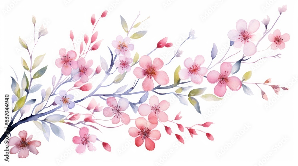 Beautiful flowers growing on a tree branch on a white background in various colors - obrazy, fototapety, plakaty 