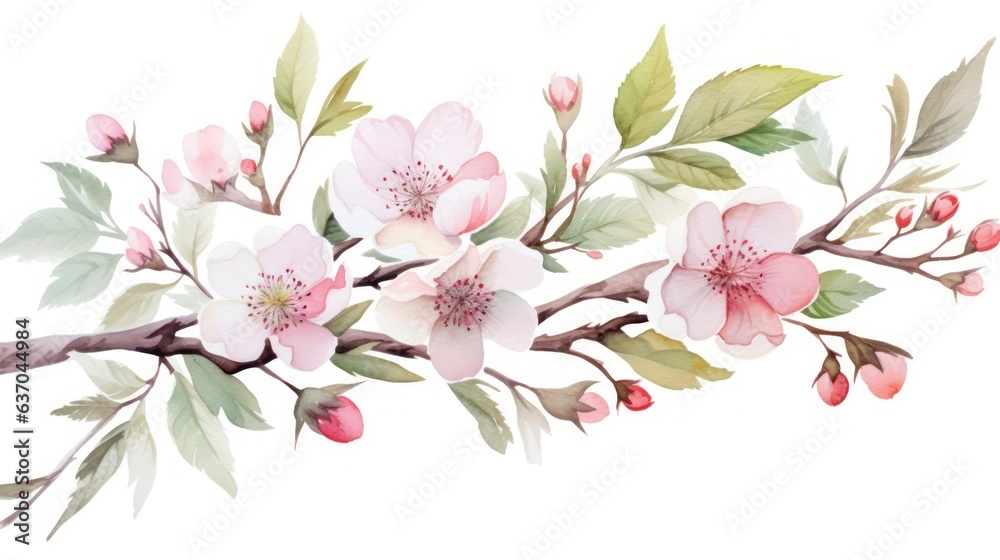 Beautiful flowers growing on a tree branch on a white background in various colors