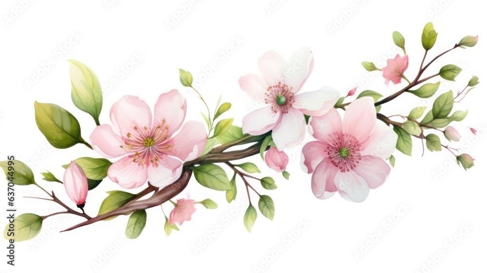 Beautiful flowers growing on a tree branch on a white background in various colors