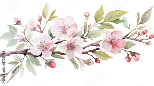 Beautiful flowers growing on a tree branch on a white background in various colors