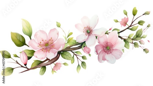 Beautiful flowers growing on a tree branch on a white background in various colors