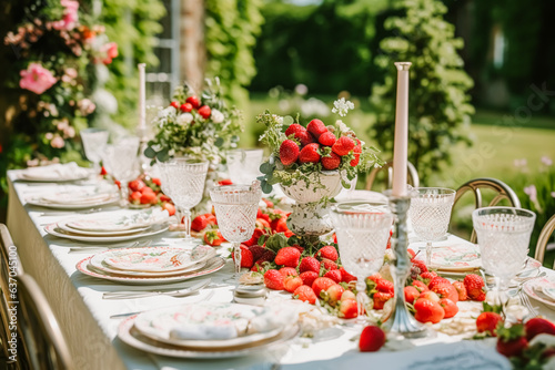 Country tablescape, formal dinner table setting, table scape with strawberry decoration for wedding party and holiday event celebration, generative ai