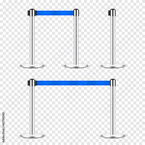 Realistic blue retractable belt stanchion. Crowd control barrier posts with caution strap. Queue lines. Restriction border and danger tape. Attention, warning sign. Vector illustration
