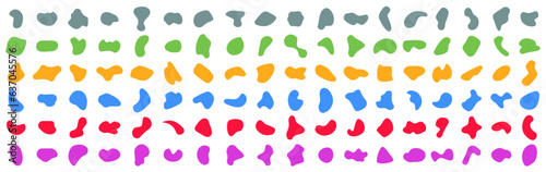 Set of random abstract colored blotch shapes. Liquid shape elements. Round blobs collection. Fluid dynamic forms. Rounded spot or speck of irregular form. Pebble, blotch, inkblot, stone and drops