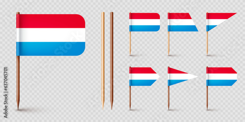 Luxembourgish toothpick flags. Souvenir from Luxembourg. Wooden toothpicks with paper flag. Location mark, map pointer. Blank mockup for advertising and promotions. Vector illustration
