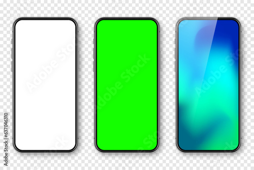 Smartphone with blank touch screen and abstract colorful wallpaper, green chroma key background. Frameless mobile phone in front view. High quality detailed device mockup. Vector illustration
