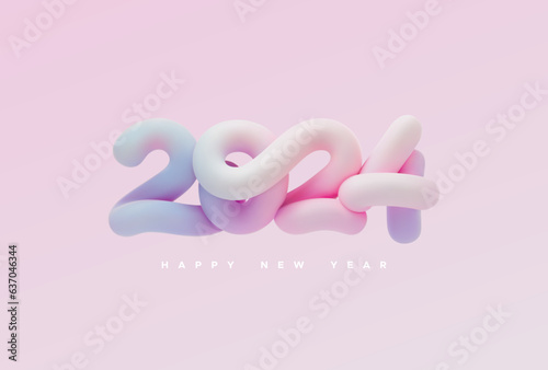 Happy New 2024 Year. Vector holiday illustration. 3d lettering of 2024 inflate numbers. Abstract iridescent pastel element for New Year or Christmas party banner design.