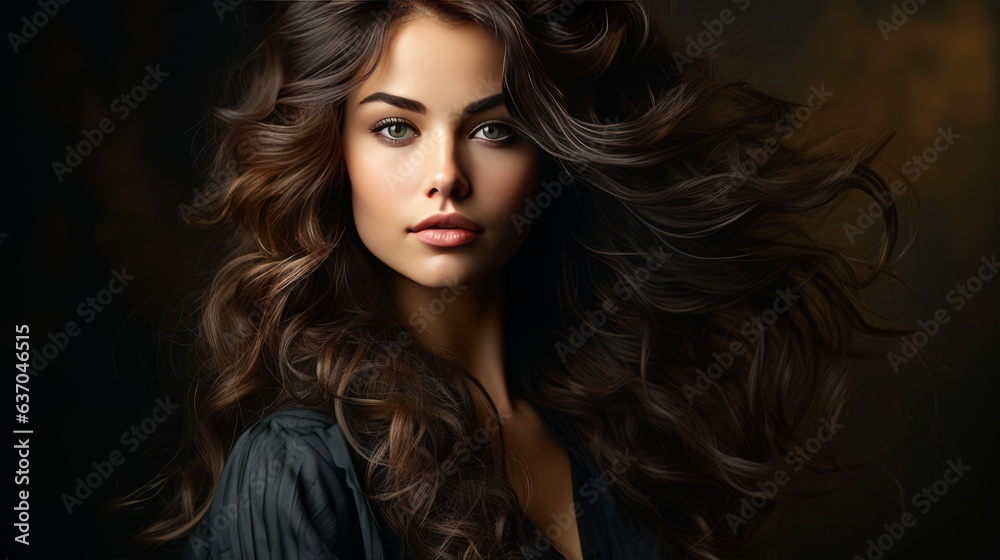 A PORTRAIT OF A BEAUTIFUL BRUNETTE WOMAN WITH LONG WAVY HAIR ON A BLACK ISOLATED BACKGROUND.