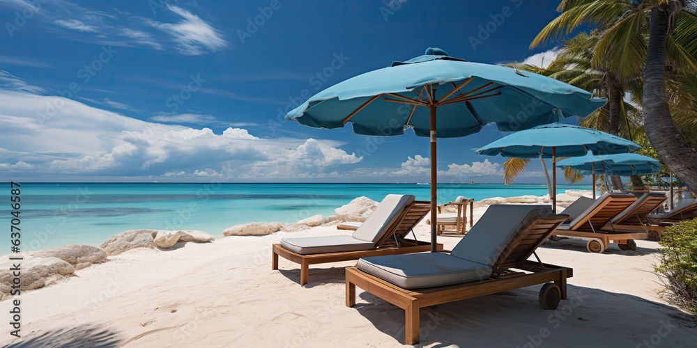 AI Generated. AI Generative. Romantic love valentine vacation relaxing two chairs sitting at sea ocean beach sand adventure. Tropical paradise background outdoor landscape.
