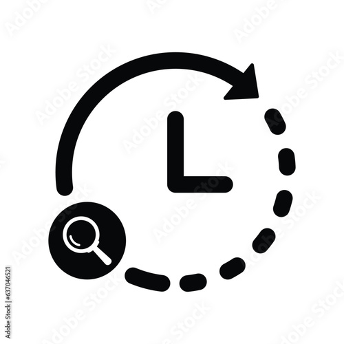 Clock icon with research sign. Clock icon and explore, find, inspect symbol. Vector icon