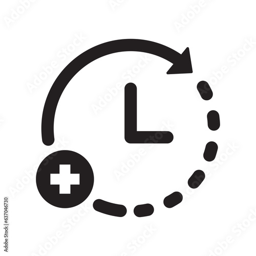 Extra hour, extra time icon. Clock icon with add sign. Clock icon and new, plus, positive symbol. Extra, icon, time, hour, plus, more, add, clock, concept, flat, increase