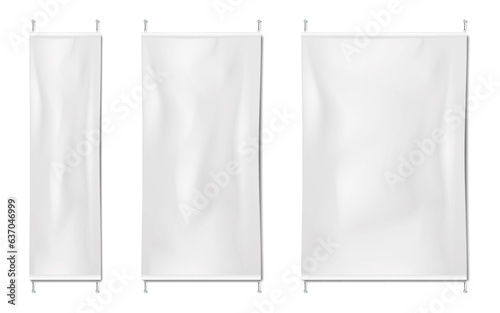 Pinned blank white wall banner set. Realistic vector mock-up. Empty vinyl poster mockup. Template for design