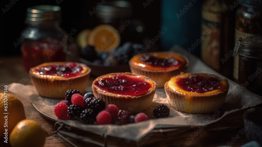 Baked cheesecakes with fruit jam. - obrazy, fototapety, plakaty 