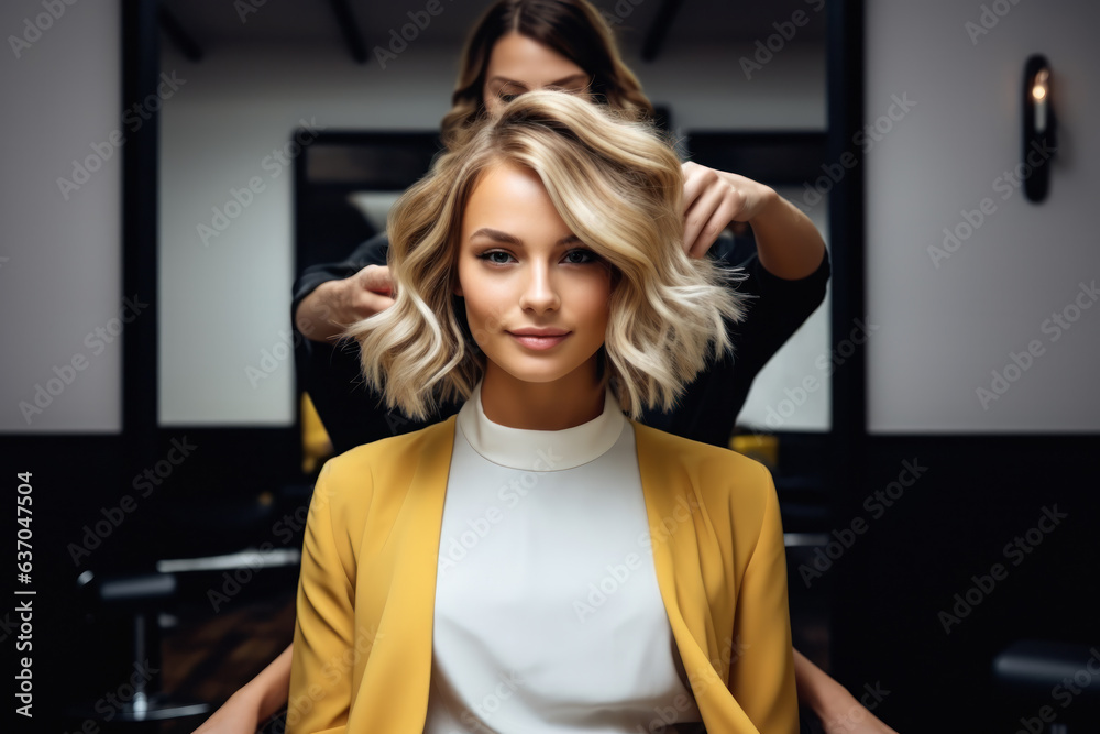 © remake - Woman Client Getting Hair Cut and coiffure in Salon. Expert Hairdresser and Stylist Transformation. Fresh haircut with Professional barbershop.