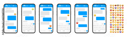 Smartphone messaging app, user interface design with emoji. SMS text frame. Chat screen with blue message bubbles. Texting app for communication. Social media application. Vector illustration
