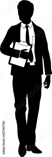 Silhouette business person man in a smart suit and tie holding a clipboard.