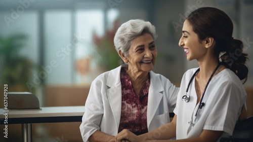 Smiling female doctor and senior patient are talking about therapy on gadget. Smiling female therapist and mature client use pad device discussing results in modern hospital.