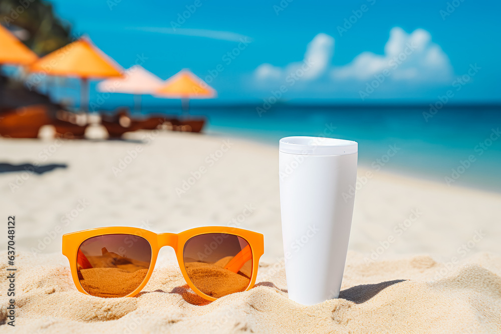 Sunscreen on sandy beach with sunglasses. Summer concept. Sunscreen on sandy beach with sunglasses. Summer concept.