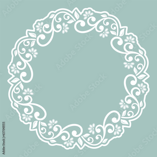 Oriental vector round light blue and white frame with arabesques and floral elements. Floral border with vintage pattern