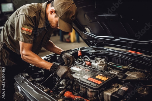 Hands of mechanic working. Mechanic repairing engine in car.