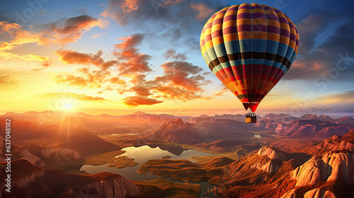 hot air balloon floating along the surface of the desert, colorful idyllic impressionist landscape, beautiful sunset, 3d render