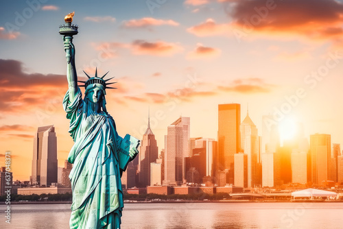 Statue of liberty on the background of the city of new york. New York statue of liberty