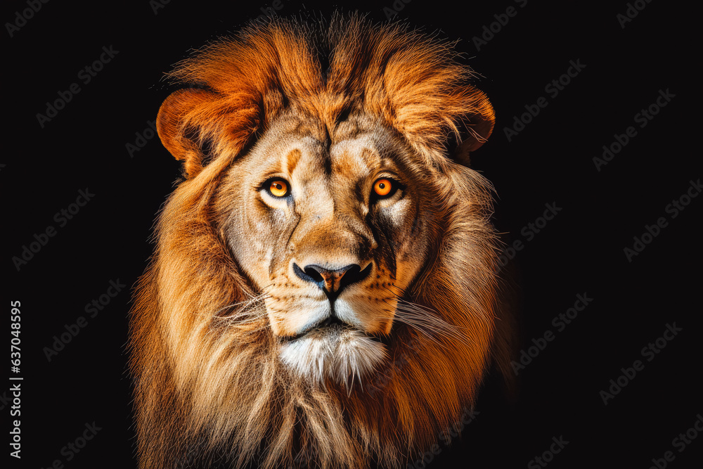 Obraz premium Lion king isolated on black background. Majestic lion on black background.