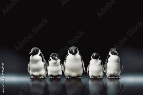Penguins on black background. Cute group of penguins on isolated black background.