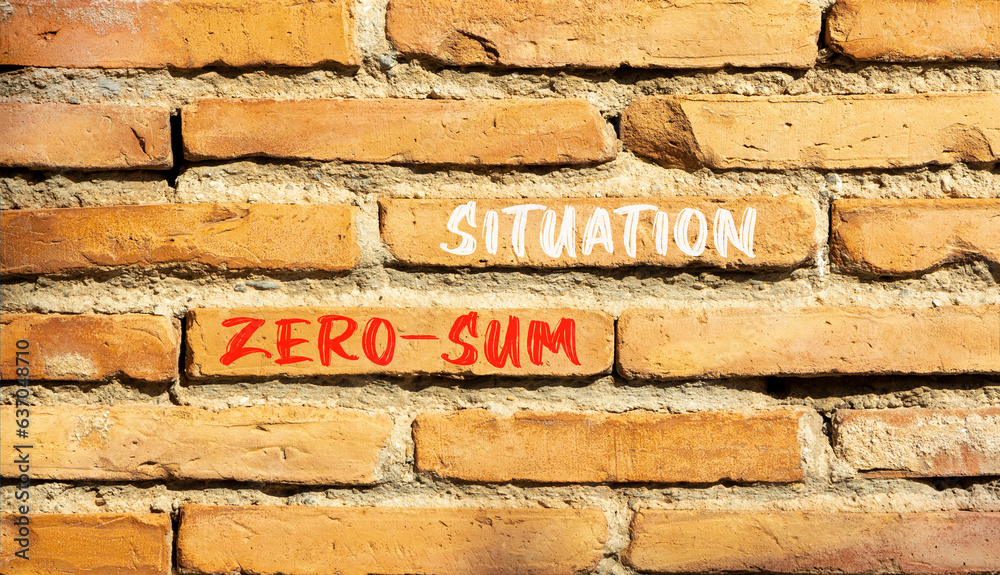 Zero-sum situation symbol. Concept words Zero-sum situation on beautiful brick wall. Beautiful red brown brick wall background. Business psychology zero-sum situation concept. Copy space. Zero-sum situation symbol. Concept words Zero-sum situation on beautiful brick wall. Beautiful red brown brick wall background. Business psychology zero-sum situation concept. Copy space.