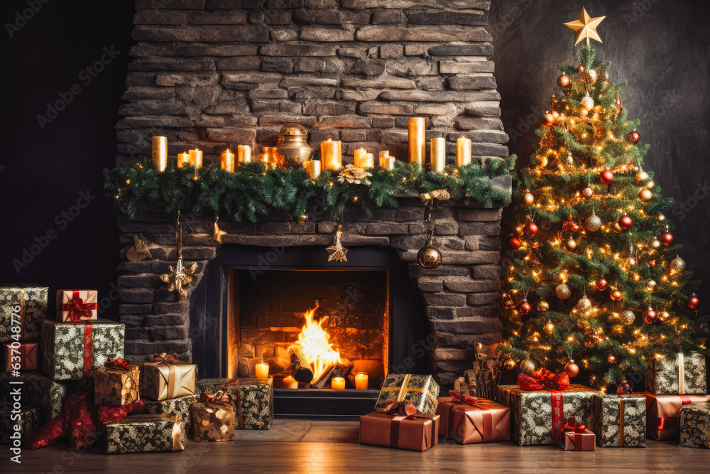 Interior christmas magic glowing tree and fireplace with presents. Gifts under christmas tree in the evening.