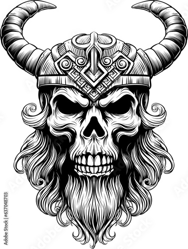 A Viking skull skeleton warrior or barbarian gladiator man mascot face looking strong wearing a helmet. In a retro vintage woodcut style.