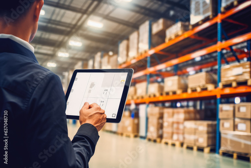 Smart warehouse inventory management concept. Manager of warehouse on tablet computer taking inventory.