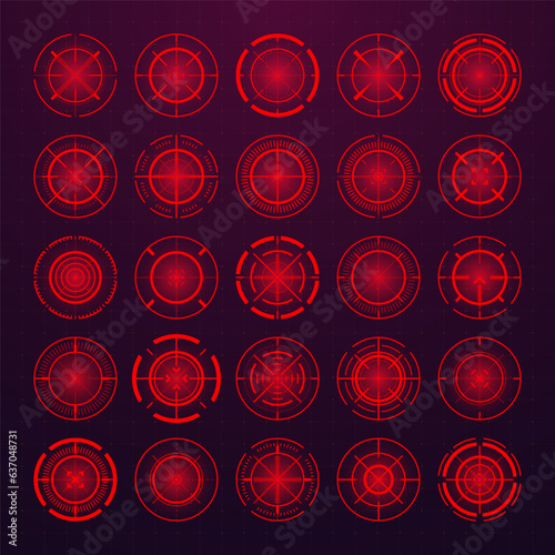 Crosshair, gun sight vector icons. Bullseye, black target or aim symbol. Military rifle scope, shooting mark sign. Targeting, aiming for a shot. Archery, hunting and sports shooting. Game UI element.