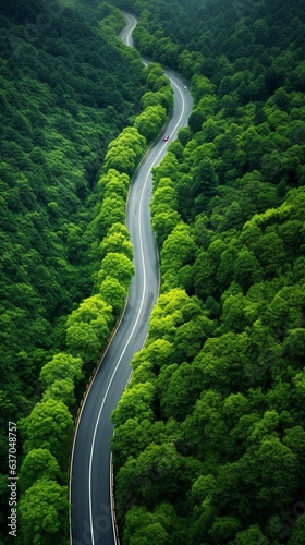 Top view of a beautiful highway in the middle of the green forest. A captivating aerial view of a scenic highway cutting through lush green forest.
