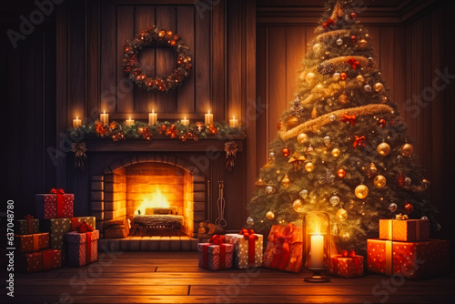 Interior christmas magic glowing tree and fireplace with presents. Gifts under christmas tree in the evening.