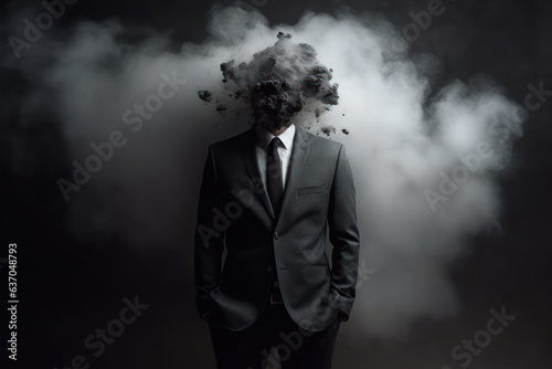 Mental health concept depicting a man wearing a suit with his head exploding into smoke and rubble. Stress and depression themes.