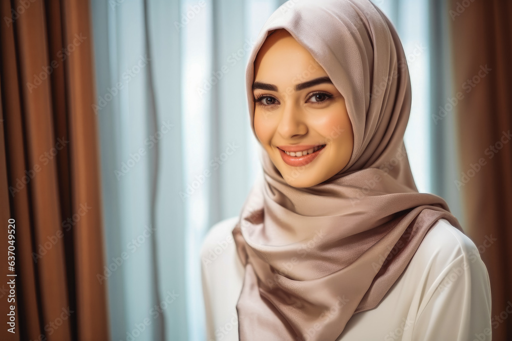 Beautiful young woman putting on hijab at home. Smiling young woman with hijab. Beautiful young woman putting on hijab at home. Smiling young woman with hijab.