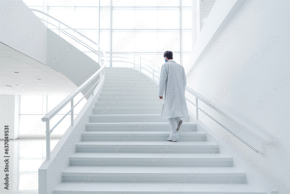 Doctor moving down from staircase in hospital. All white clean hospital environment.