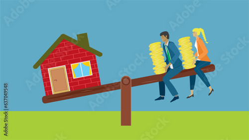Man and woman with money on one side of teeter board, the other side with a house. Balance in economy in buying or renting house, real estate. Dimension 16:9. Vector illustration.