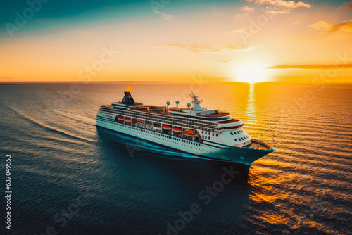 Aerial view of a cruise ship during sunset at sea. Beautiful luxurious big cruise ship.