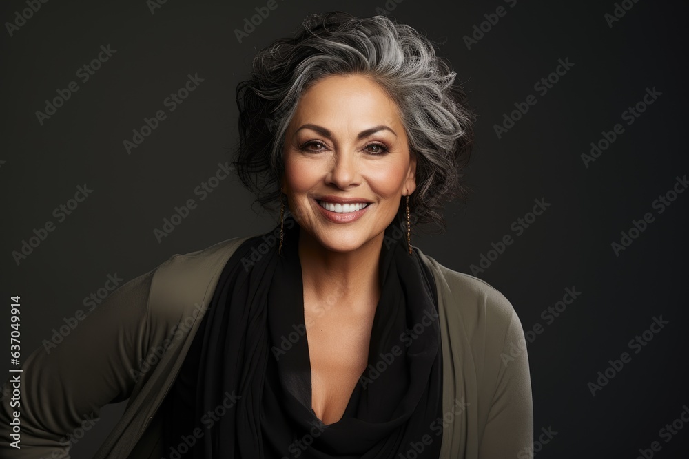 Smiling beauty portrait of a senior caucasian woman smiling in a studio with a gray background