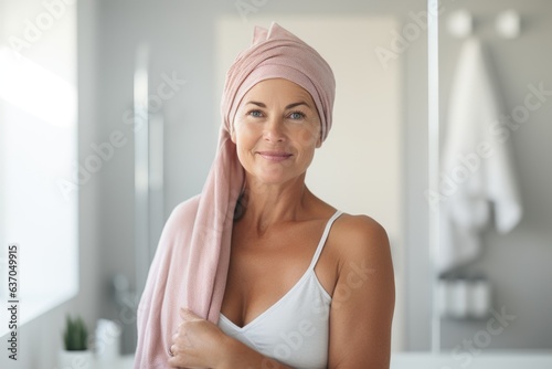 Beautiful Senior caucasian woman with clear skin smiling in a bathroom