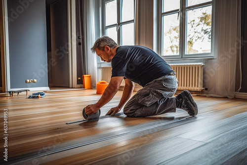 An operator repairs the parquet boards on floor of house. Handyman repairing flooring in house.